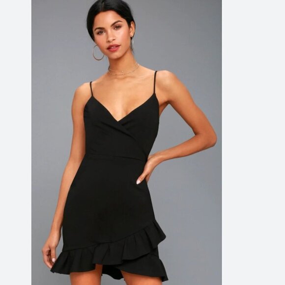 NWT LULUS SEALED WITH A KISS BLACK BODYCON SLEEVELESS V-NECK RUFFLE MINI DRESS - Picture 2 of 11